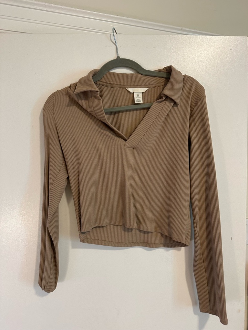 H&M Ribbed V-Neck Long Sleeve Top - Taupe Brown